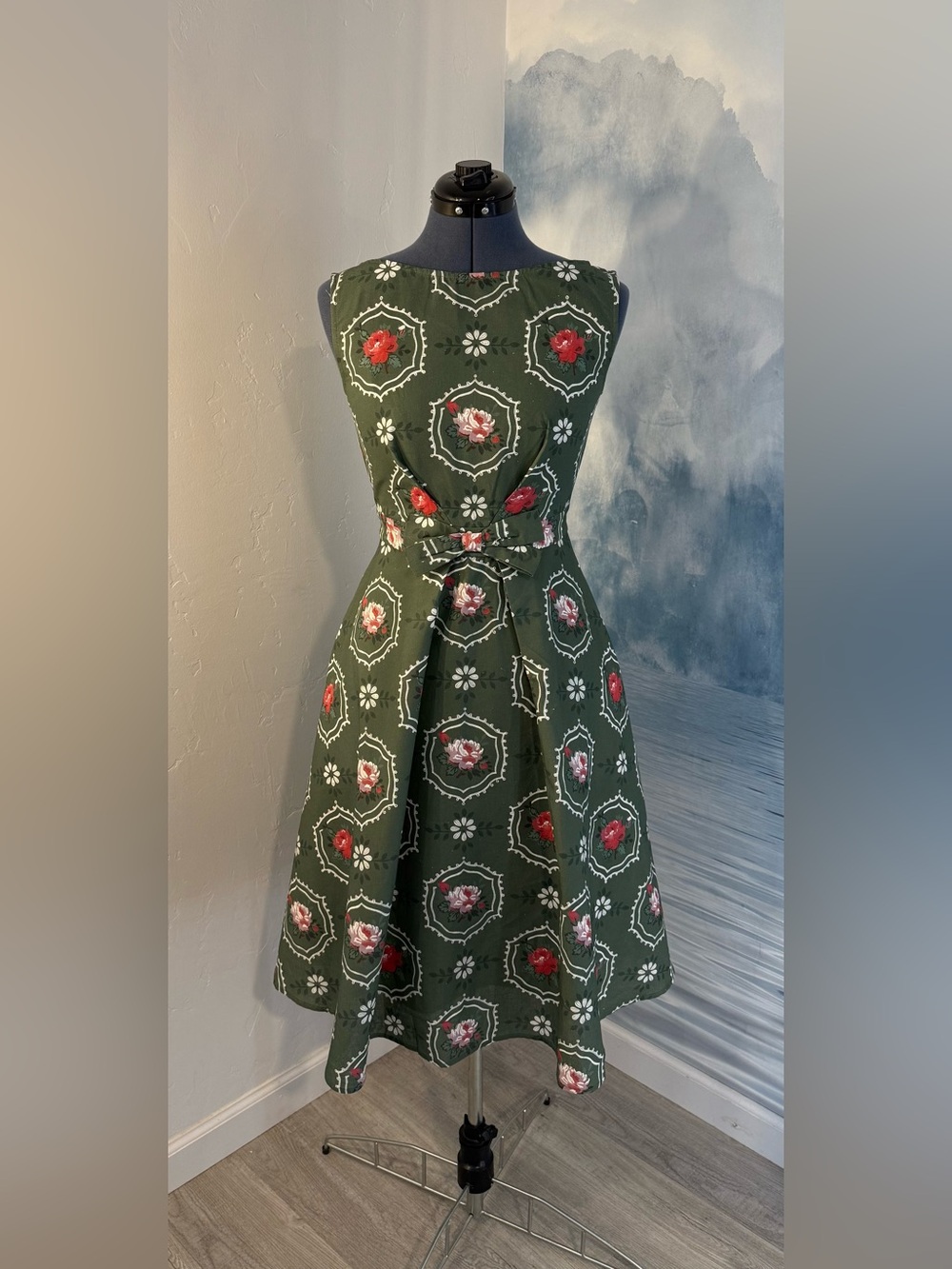 Olive Green Floral Midi Dress with Tie Waist # 291